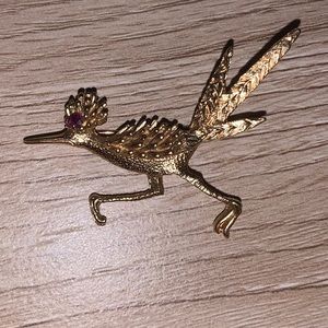 Vintage 14k Yellow Gold & Ruby Road Runner Brooch, Collectible Retro, Lapel Pin
